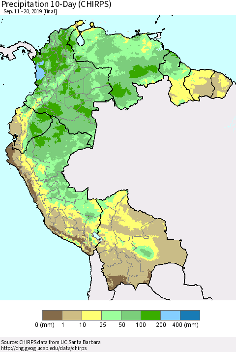 Northern South America Precipitation 10-Day (CHIRPS) Thematic Map For 9/11/2019 - 9/20/2019