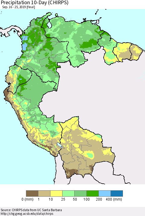 Northern South America Precipitation 10-Day (CHIRPS) Thematic Map For 9/16/2019 - 9/25/2019