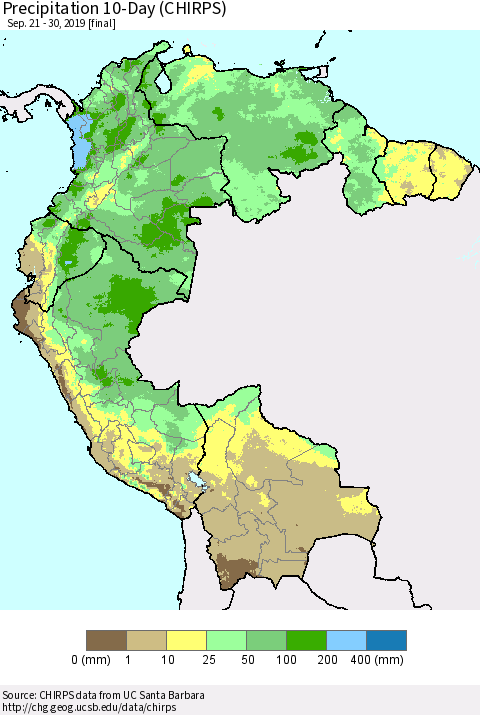 Northern South America Precipitation 10-Day (CHIRPS) Thematic Map For 9/21/2019 - 9/30/2019