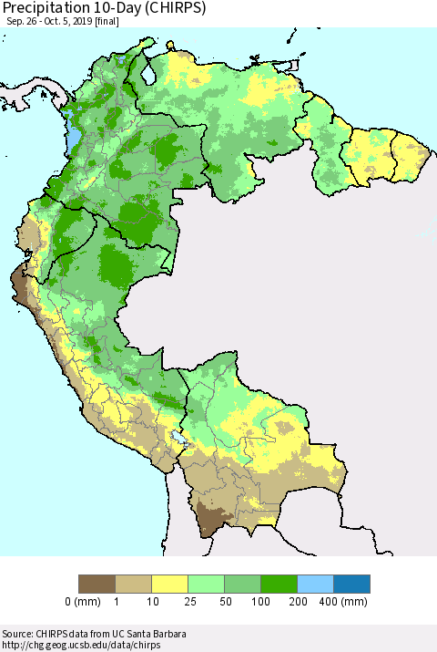 Northern South America Precipitation 10-Day (CHIRPS) Thematic Map For 9/26/2019 - 10/5/2019
