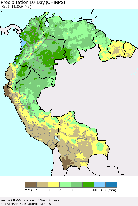 Northern South America Precipitation 10-Day (CHIRPS) Thematic Map For 10/6/2019 - 10/15/2019