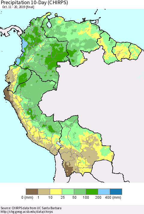 Northern South America Precipitation 10-Day (CHIRPS) Thematic Map For 10/11/2019 - 10/20/2019