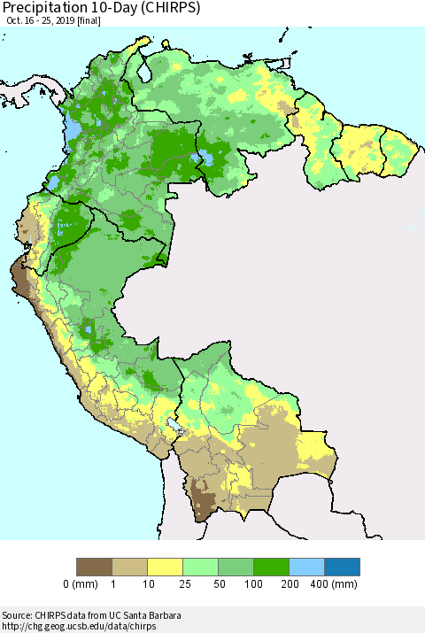 Northern South America Precipitation 10-Day (CHIRPS) Thematic Map For 10/16/2019 - 10/25/2019