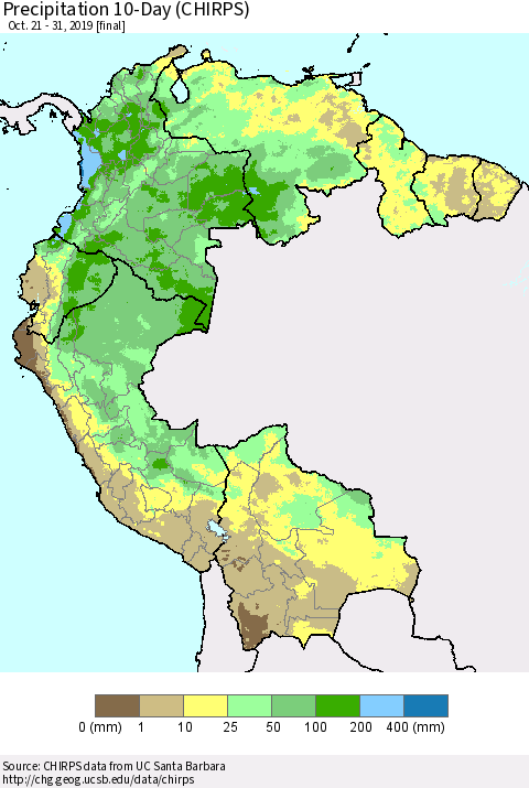 Northern South America Precipitation 10-Day (CHIRPS) Thematic Map For 10/21/2019 - 10/31/2019