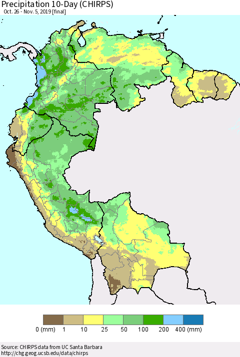 Northern South America Precipitation 10-Day (CHIRPS) Thematic Map For 10/26/2019 - 11/5/2019