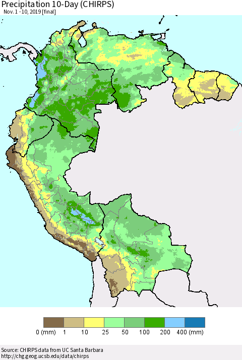 Northern South America Precipitation 10-Day (CHIRPS) Thematic Map For 11/1/2019 - 11/10/2019