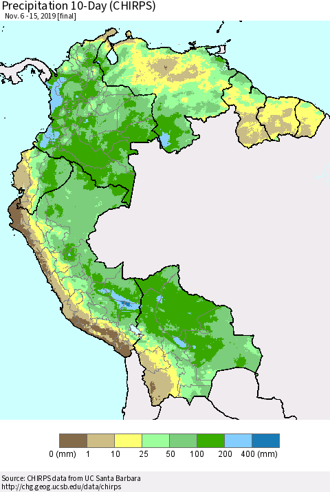 Northern South America Precipitation 10-Day (CHIRPS) Thematic Map For 11/6/2019 - 11/15/2019