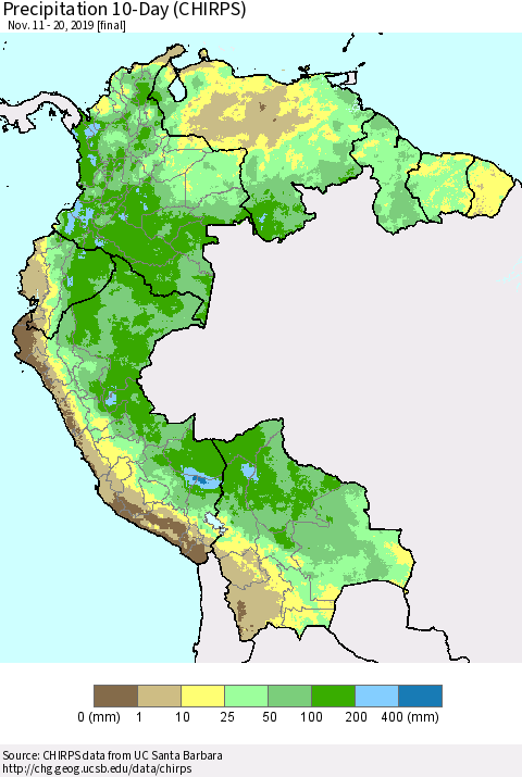 Northern South America Precipitation 10-Day (CHIRPS) Thematic Map For 11/11/2019 - 11/20/2019