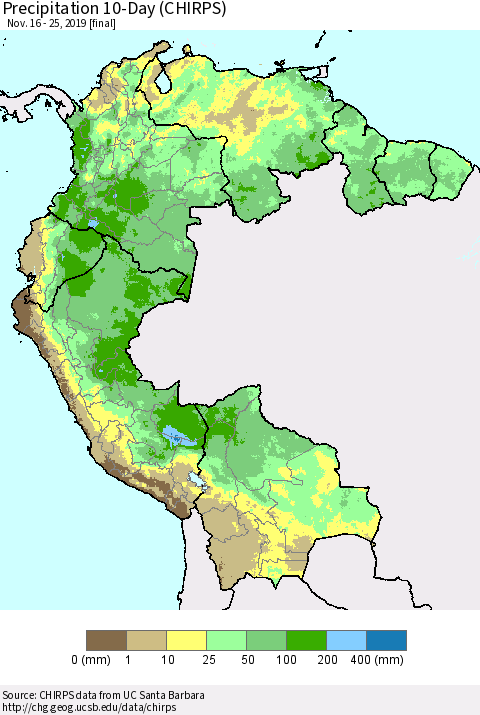 Northern South America Precipitation 10-Day (CHIRPS) Thematic Map For 11/16/2019 - 11/25/2019
