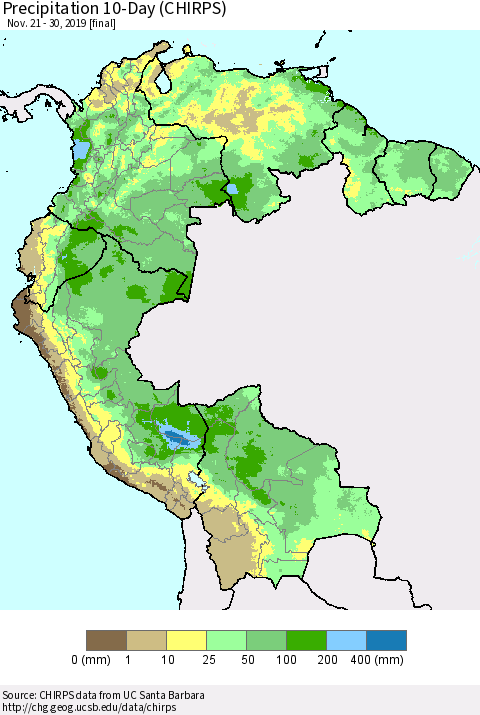 Northern South America Precipitation 10-Day (CHIRPS) Thematic Map For 11/21/2019 - 11/30/2019