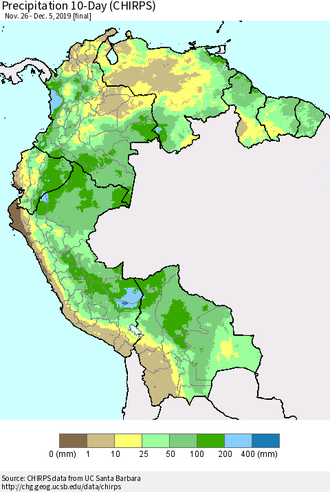 Northern South America Precipitation 10-Day (CHIRPS) Thematic Map For 11/26/2019 - 12/5/2019