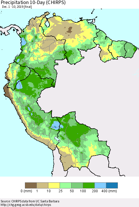 Northern South America Precipitation 10-Day (CHIRPS) Thematic Map For 12/1/2019 - 12/10/2019