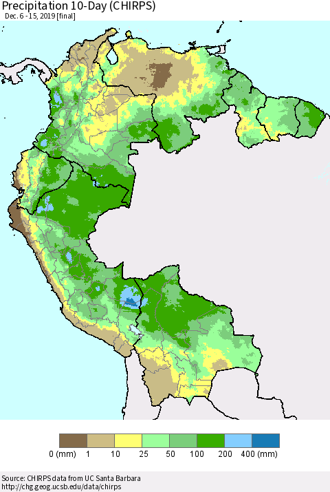Northern South America Precipitation 10-Day (CHIRPS) Thematic Map For 12/6/2019 - 12/15/2019