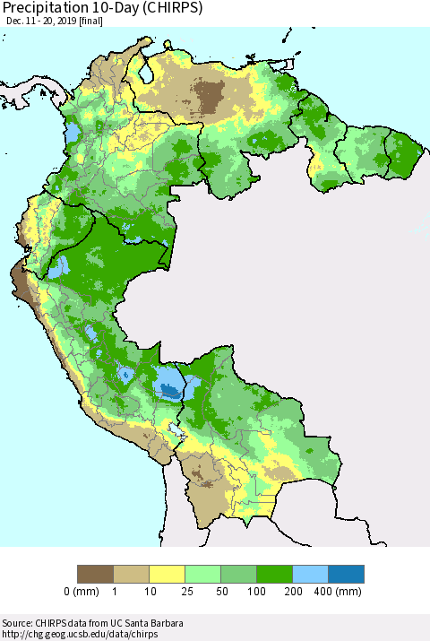 Northern South America Precipitation 10-Day (CHIRPS) Thematic Map For 12/11/2019 - 12/20/2019