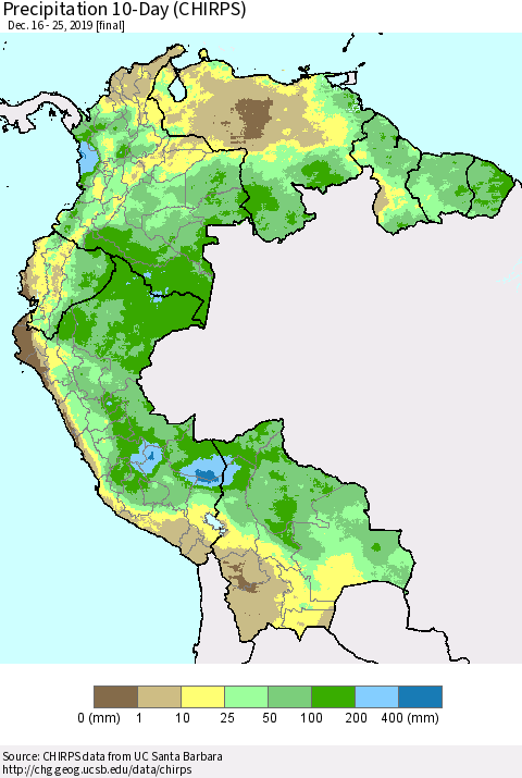 Northern South America Precipitation 10-Day (CHIRPS) Thematic Map For 12/16/2019 - 12/25/2019