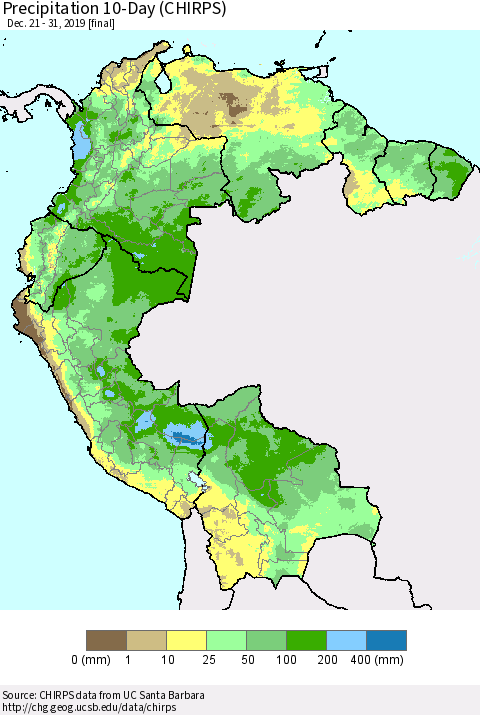 Northern South America Precipitation 10-Day (CHIRPS) Thematic Map For 12/21/2019 - 12/31/2019