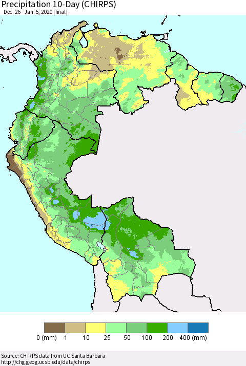 Northern South America Precipitation 10-Day (CHIRPS) Thematic Map For 12/26/2019 - 1/5/2020