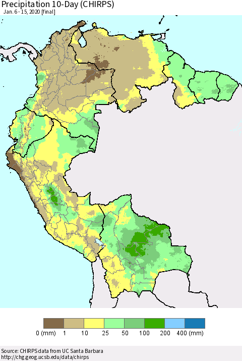 Northern South America Precipitation 10-Day (CHIRPS) Thematic Map For 1/6/2020 - 1/15/2020