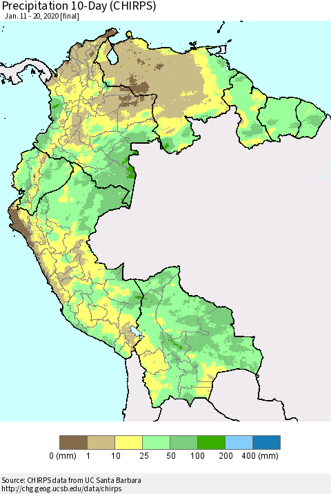 Northern South America Precipitation 10-Day (CHIRPS) Thematic Map For 1/11/2020 - 1/20/2020