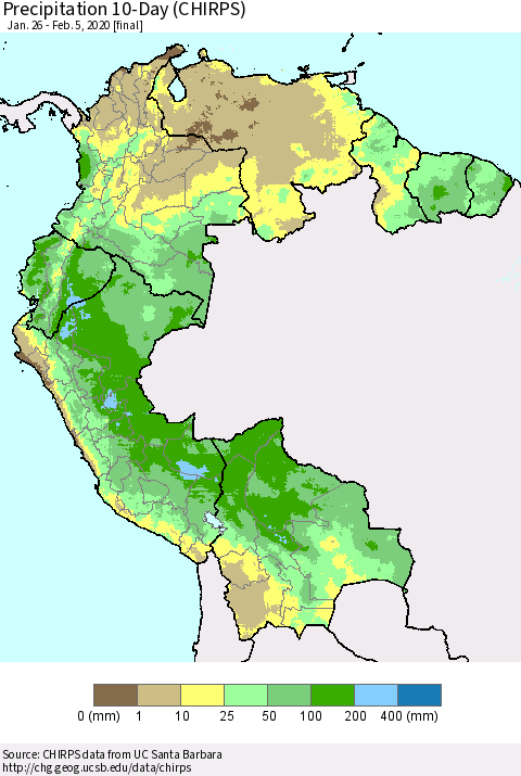 Northern South America Precipitation 10-Day (CHIRPS) Thematic Map For 1/26/2020 - 2/5/2020