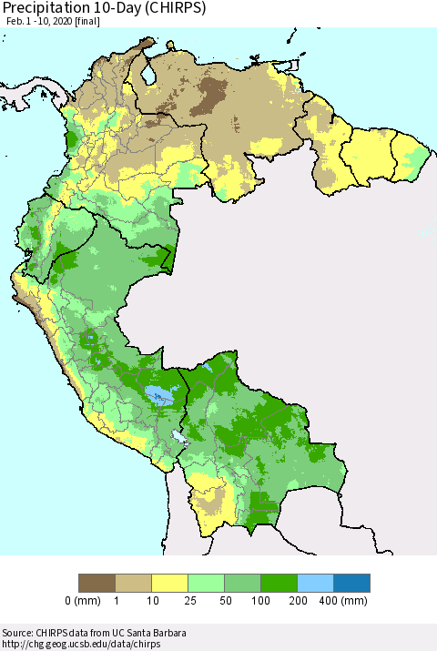 Northern South America Precipitation 10-Day (CHIRPS) Thematic Map For 2/1/2020 - 2/10/2020