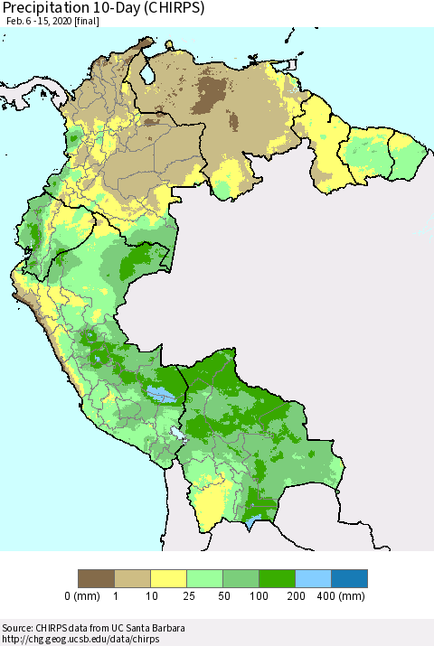 Northern South America Precipitation 10-Day (CHIRPS) Thematic Map For 2/6/2020 - 2/15/2020