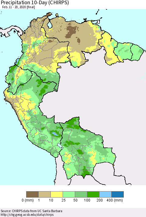 Northern South America Precipitation 10-Day (CHIRPS) Thematic Map For 2/11/2020 - 2/20/2020