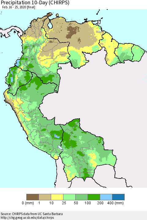 Northern South America Precipitation 10-Day (CHIRPS) Thematic Map For 2/16/2020 - 2/25/2020
