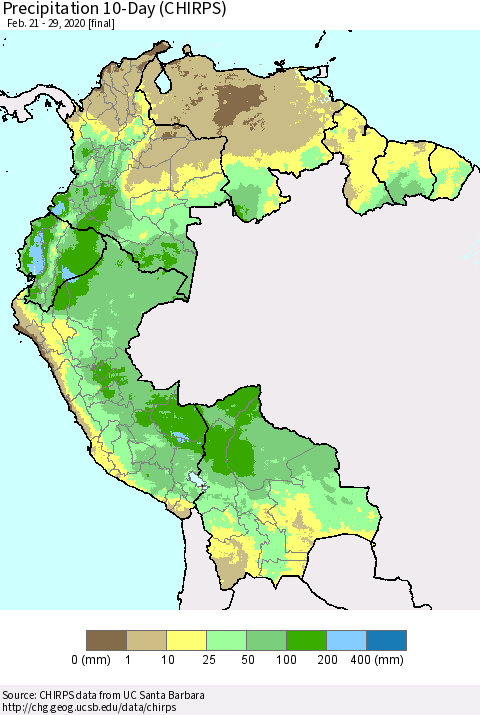 Northern South America Precipitation 10-Day (CHIRPS) Thematic Map For 2/21/2020 - 2/29/2020