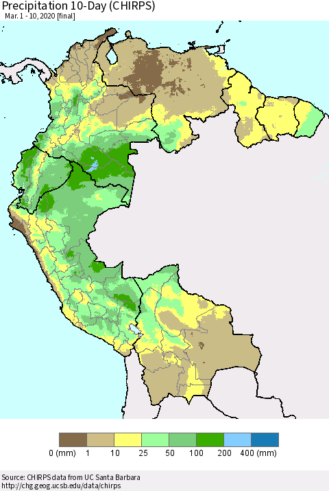 Northern South America Precipitation 10-Day (CHIRPS) Thematic Map For 3/1/2020 - 3/10/2020