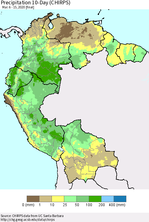 Northern South America Precipitation 10-Day (CHIRPS) Thematic Map For 3/6/2020 - 3/15/2020