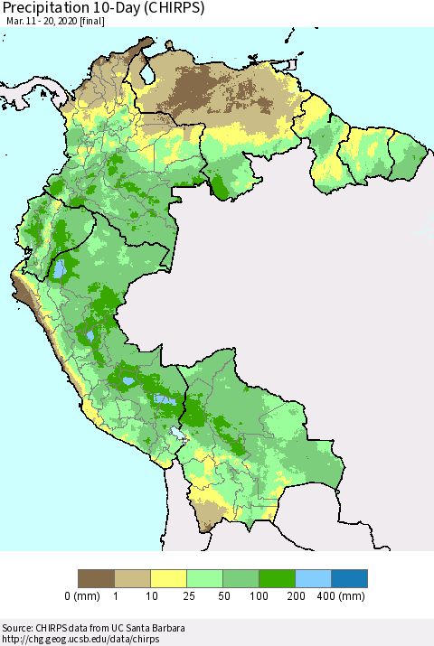 Northern South America Precipitation 10-Day (CHIRPS) Thematic Map For 3/11/2020 - 3/20/2020