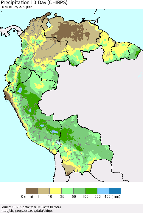 Northern South America Precipitation 10-Day (CHIRPS) Thematic Map For 3/16/2020 - 3/25/2020