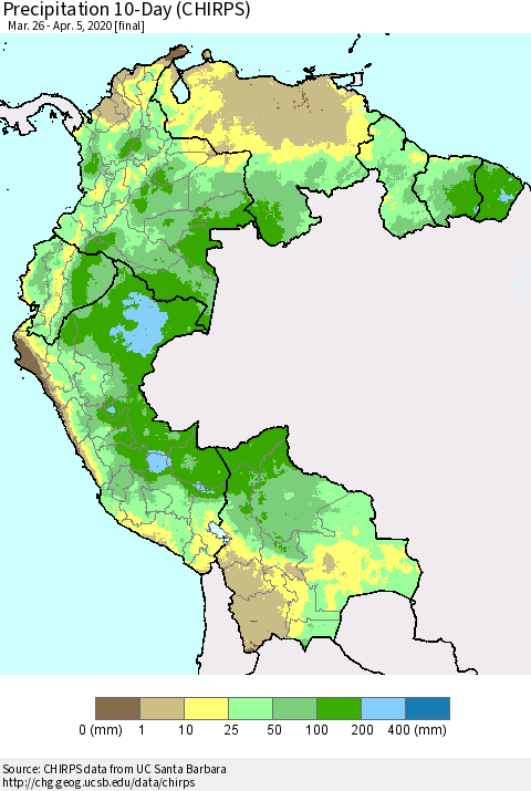 Northern South America Precipitation 10-Day (CHIRPS) Thematic Map For 3/26/2020 - 4/5/2020