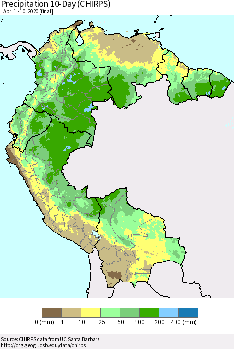 Northern South America Precipitation 10-Day (CHIRPS) Thematic Map For 4/1/2020 - 4/10/2020