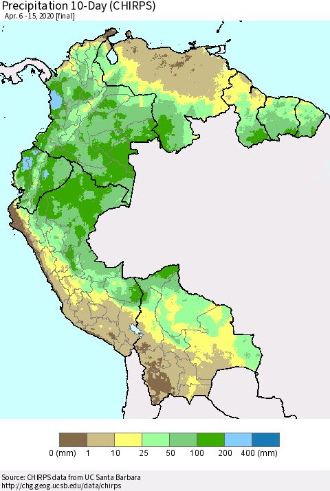 Northern South America Precipitation 10-Day (CHIRPS) Thematic Map For 4/6/2020 - 4/15/2020