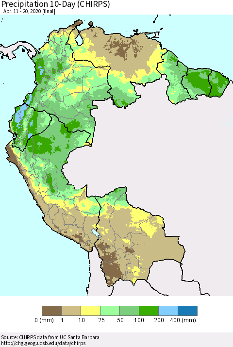 Northern South America Precipitation 10-Day (CHIRPS) Thematic Map For 4/11/2020 - 4/20/2020