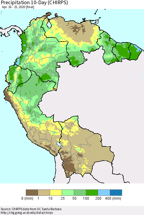 Northern South America Precipitation 10-Day (CHIRPS) Thematic Map For 4/16/2020 - 4/25/2020