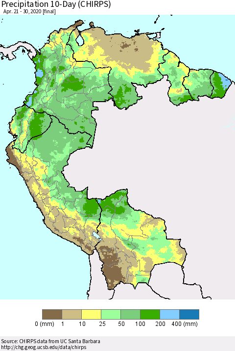 Northern South America Precipitation 10-Day (CHIRPS) Thematic Map For 4/21/2020 - 4/30/2020