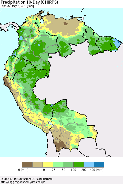 Northern South America Precipitation 10-Day (CHIRPS) Thematic Map For 4/26/2020 - 5/5/2020