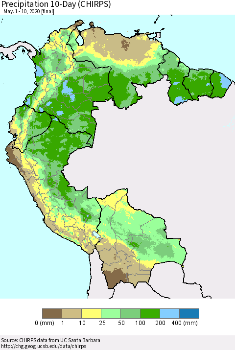 Northern South America Precipitation 10-Day (CHIRPS) Thematic Map For 5/1/2020 - 5/10/2020