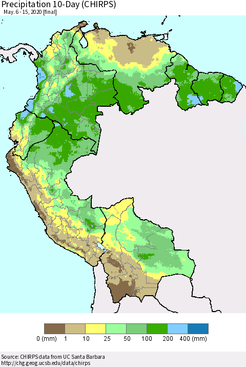 Northern South America Precipitation 10-Day (CHIRPS) Thematic Map For 5/6/2020 - 5/15/2020