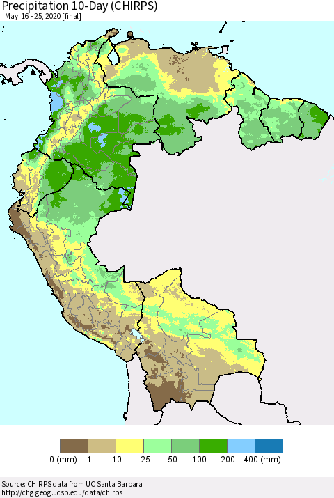 Northern South America Precipitation 10-Day (CHIRPS) Thematic Map For 5/16/2020 - 5/25/2020