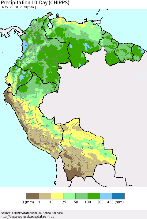 Northern South America Precipitation 10-Day (CHIRPS) Thematic Map For 5/21/2020 - 5/31/2020