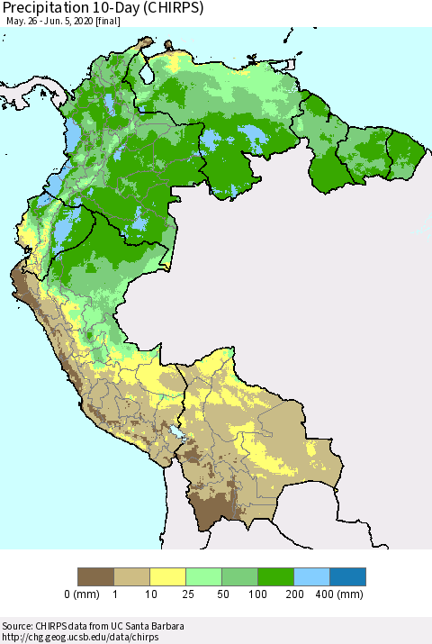 Northern South America Precipitation 10-Day (CHIRPS) Thematic Map For 5/26/2020 - 6/5/2020