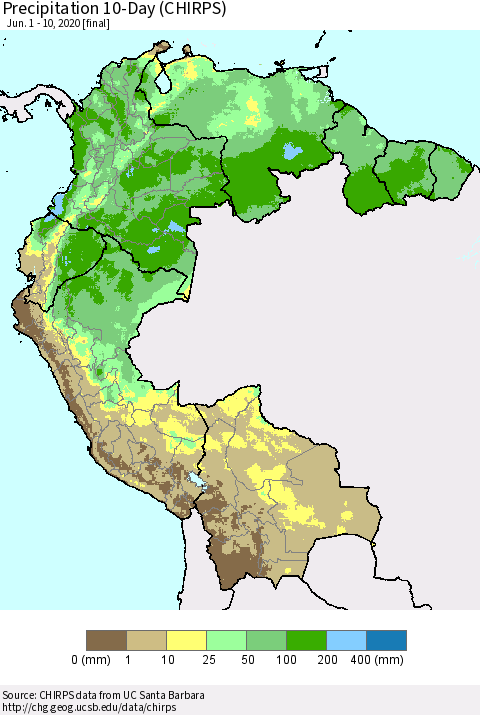 Northern South America Precipitation 10-Day (CHIRPS) Thematic Map For 6/1/2020 - 6/10/2020