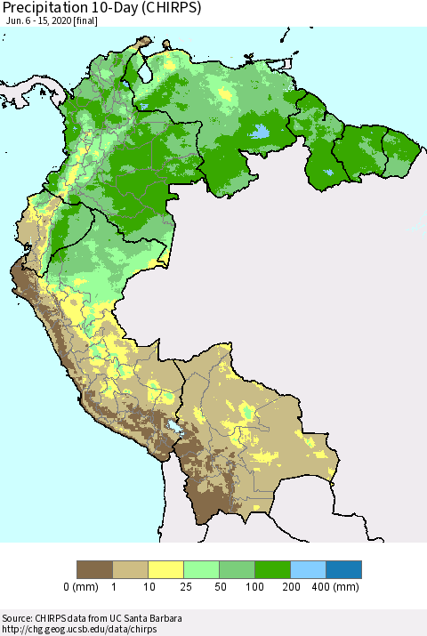 Northern South America Precipitation 10-Day (CHIRPS) Thematic Map For 6/6/2020 - 6/15/2020