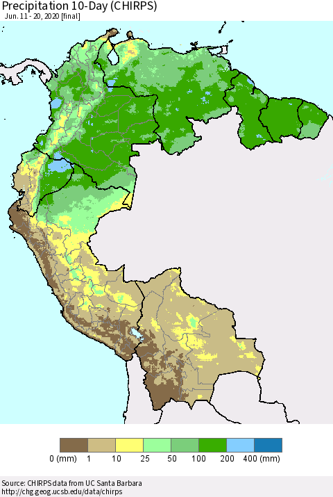 Northern South America Precipitation 10-Day (CHIRPS) Thematic Map For 6/11/2020 - 6/20/2020