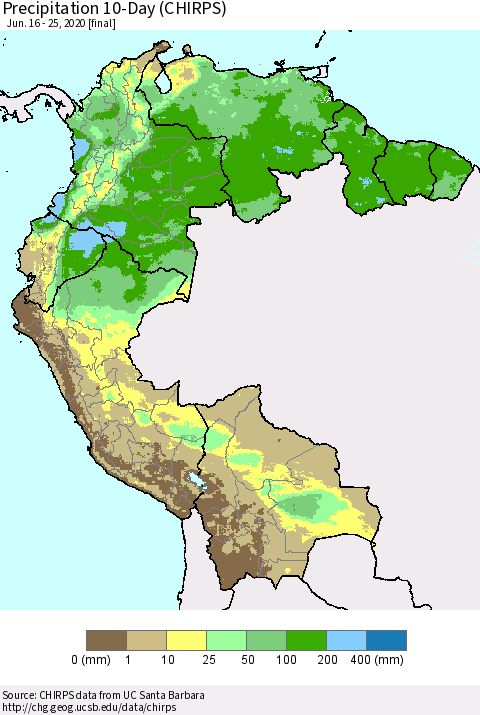Northern South America Precipitation 10-Day (CHIRPS) Thematic Map For 6/16/2020 - 6/25/2020