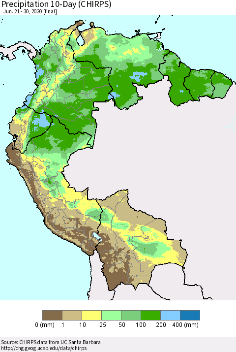 Northern South America Precipitation 10-Day (CHIRPS) Thematic Map For 6/21/2020 - 6/30/2020